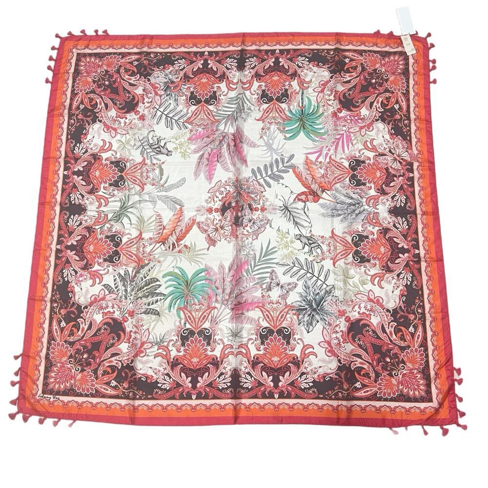 NEW Johnny Was 100% Silk Scarf Tassels Butterflies Floral Print Pink 42x42